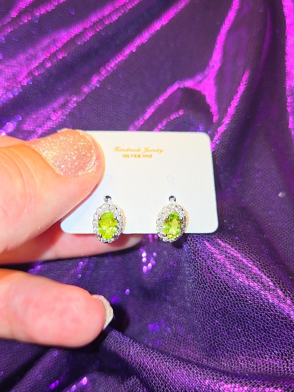 Silver 925 Peridot Halo Stud Earrings - Green
